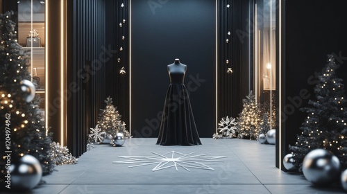 a high-end boutique showcasing monochromatic black and silver evening wear complemented by glowing geometric ornaments and a mirrored snowflake floor display, celebrating Christmas Eve Day,