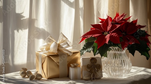 a luxury gift-wrapping setup showcasing silk ribbons, gold foil paper, and embossed seals, with a crystal-cut vase of fresh poinsettias nearby, celebrating Christmas Eve Day, 