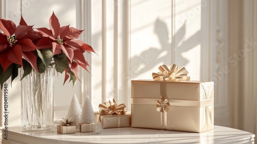 a luxury gift-wrapping setup showcasing silk ribbons, gold foil paper, and embossed seals, with a crystal-cut vase of fresh poinsettias nearby, celebrating Christmas Eve Day, 