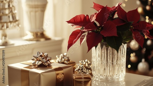 a luxury gift-wrapping setup showcasing silk ribbons, gold foil paper, and embossed seals, with a crystal-cut vase of fresh poinsettias nearby, celebrating Christmas Eve Day, 
