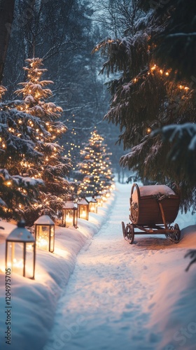 a picturesque Christmas Eve forest trail lit by glowing lanterns and lined with decorated pine trees, with a sleigh parked in the snow, celebrating Christmas Eve Day,