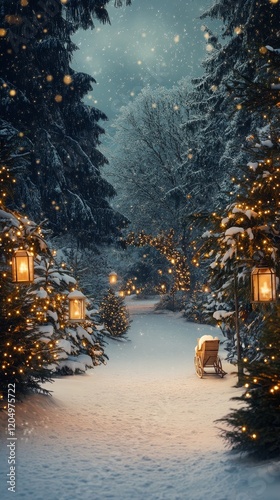 a picturesque Christmas Eve forest trail lit by glowing lanterns and lined with decorated pine trees, with a sleigh parked in the snow, celebrating Christmas Eve Day,