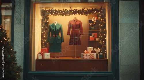a boutique window decorated with elegant holiday office wear--tailored blazers and pencil skirts in deep accented by tiny wrapped gift boxes and a warm glowing garland, celebrating Christmas Eve Day