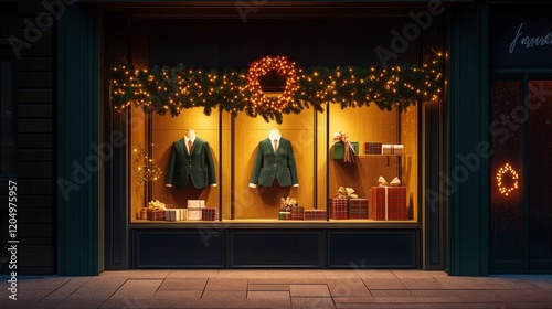 a boutique window decorated with elegant holiday office wear--tailored blazers and pencil skirts in deep accented by tiny wrapped gift boxes and a warm glowing garland, celebrating Christmas Eve Day