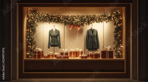 a boutique window decorated with elegant holiday office wear--tailored blazers and pencil skirts in deep accented by tiny wrapped gift boxes and a warm glowing garland, celebrating Christmas Eve Day