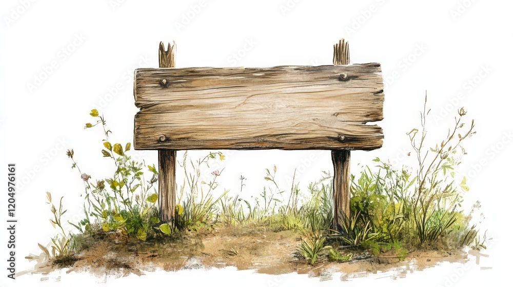 Fototapeta premium Blank Wooden Sign Surrounded by Wildflowers and Greenery