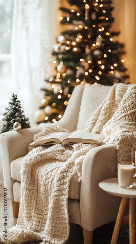  a cozy armchair setup with a chunky knit blanket, a book, and a glass of eggnog on a side table, celebrating Christmas Eve Day