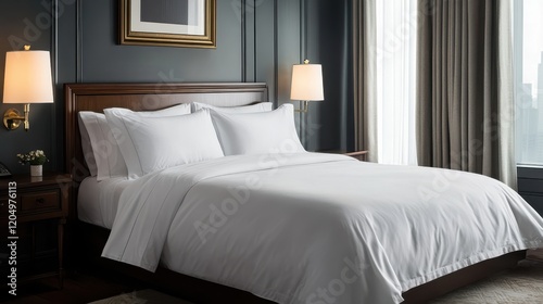 A large bed with white sheets and pillows