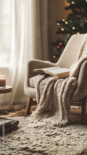  a cozy armchair setup with a chunky knit blanket, a book, and a glass of eggnog on a side table, celebrating Christmas Eve Day