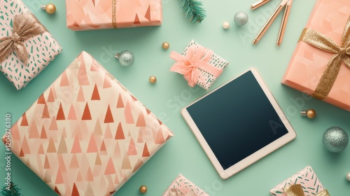  a modern gift-wrapping station featuring geometric patterns on wrapping paper, metallic pens for calligraphy, and a tablet showing a DIY video tutorial, celebrating Christmas Eve Day, 