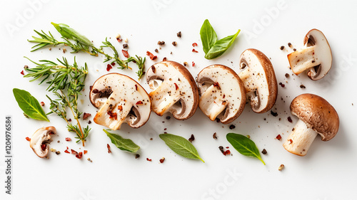 sliced champignon mushrooms advertising photography white background
