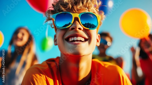 Teenager celebrating a sportsthemed birthday, group of friends playing soccer, energetic atmosphere, colorful setting photo