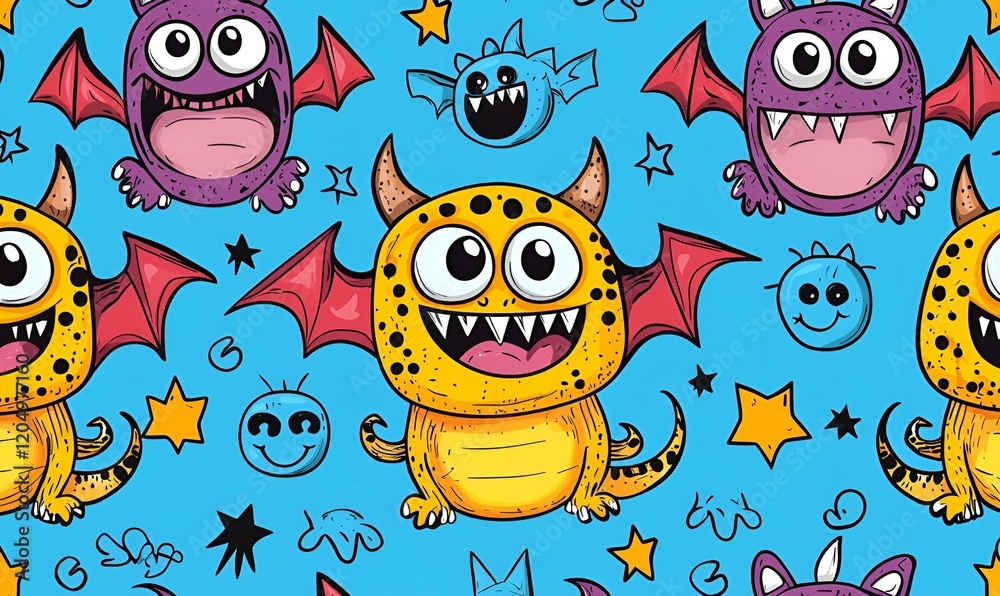 Fototapeta premium Whimsical Monsters Pattern, a playful design featuring charming, hand-drawn creatures in a seamless layout, perfect for children's decor or merchandise.