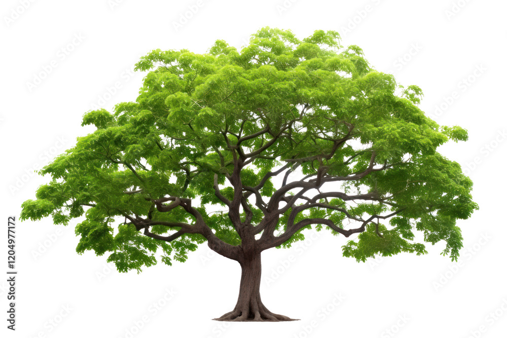 Obraz premium An elegant rain tree, showcasing its impressive size and wide canopy filled with lush foliage. The tree's thick trunk is rugged and textured