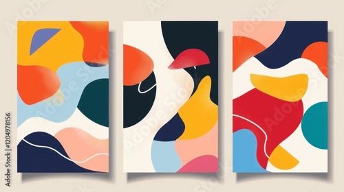 Modern abstract cover designs featuring minimal layouts with colorful geometric backgrounds, ideal for creative and professional projects.

