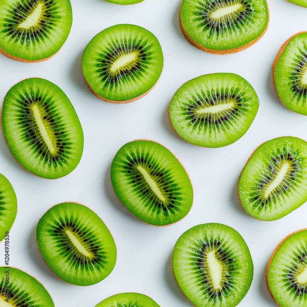 Fototapeta premium Vibrant Kiwi Fruit Pattern Fresh Slices on White Background