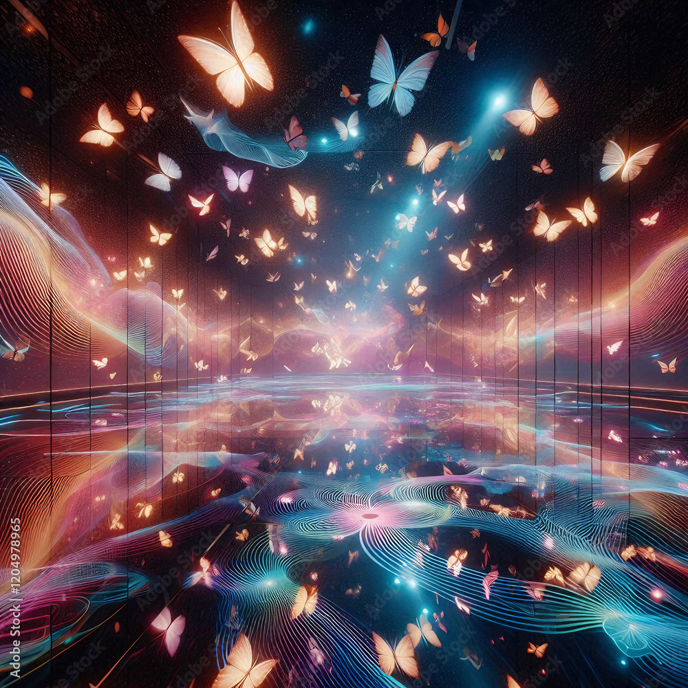 Fototapeta premium Futuristic Butterfly Dreamscape: A Journey Through Light, Color, and Reflection