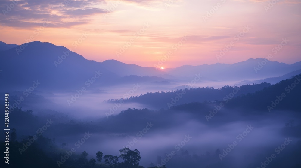 Fototapeta premium A serene sunrise over a misty mountain range, Sunrise scene, Tranquil style