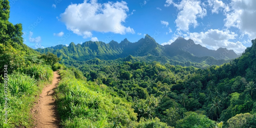 Lush green landscape with a winding trail, surrounded by majestic mountains under a bright blue sky with fluffy clouds.