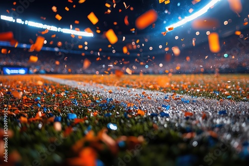 An end zone view of a football field covered in colorful confetti following a touchdown celebration in the Super Bowl stadium. 