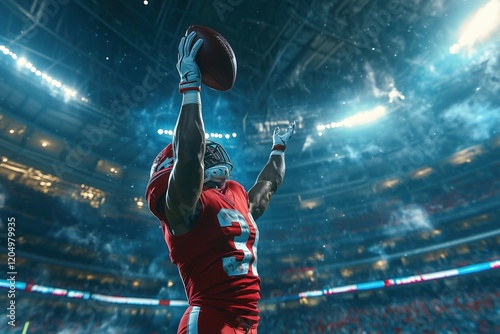 An American football player leaps into the air to catch a touchdown pass in a large stadium