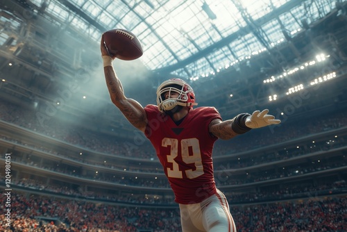 An American football player leaps into the air to catch a touchdown pass in a large stadium