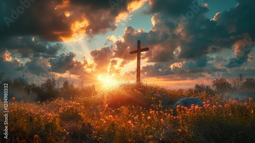 The concept of God helping and cross on the sunset background 
