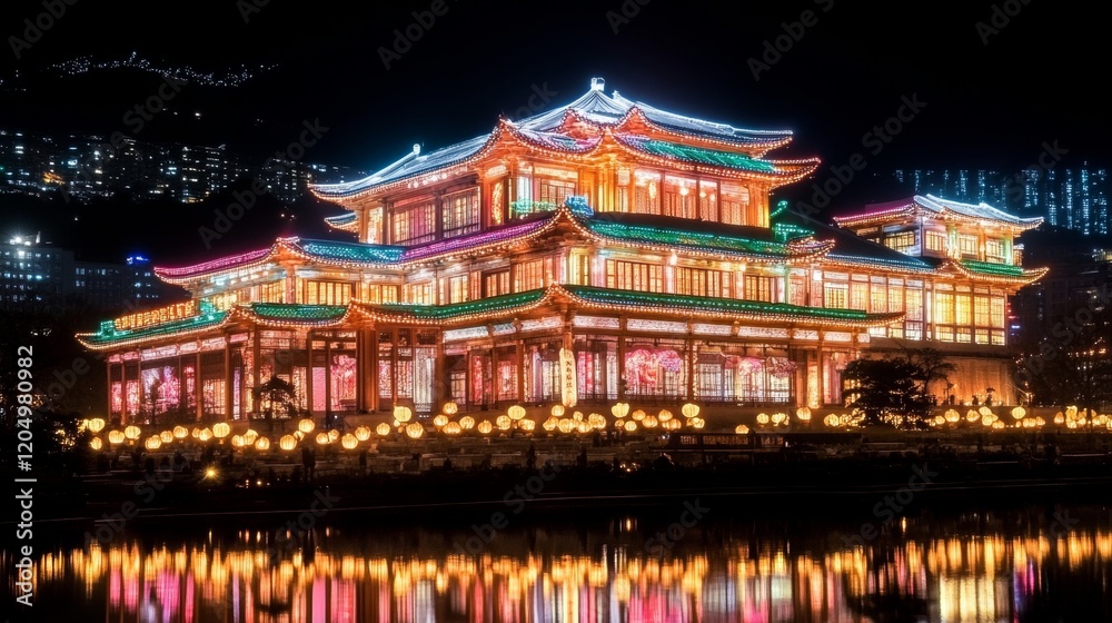 Illuminated Chinese Palace at Night, Festive Lights Reflection Illuminated Chinese Palace at Night, Festive Lights Reflection
