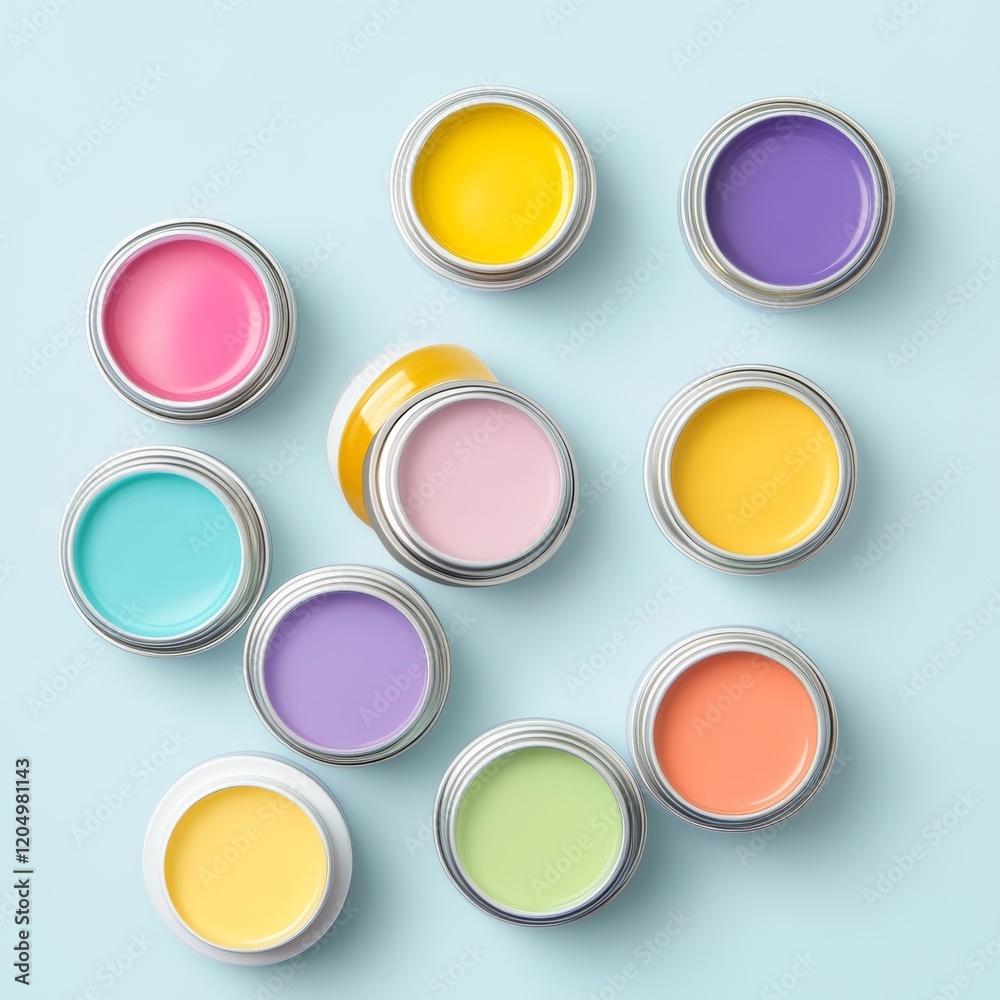 Colorful paint cans isolated on blue background. 3d illustration. Colorful paint cans isolated on blue background. 3d illustration.