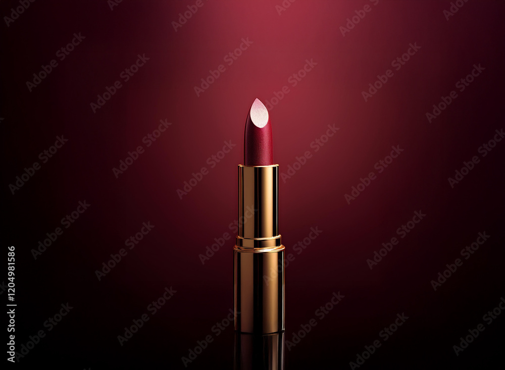 A single tube of dark red lipstick with a gold casing stands upright against a deep maroon background. The lipstick is slightly used, showing a small amount of product on its tip. A single tube of dark red lipstick with a gold casing stands upright against a deep maroon background. The lipstick is slightly used, showing a small amount of product on its tip.