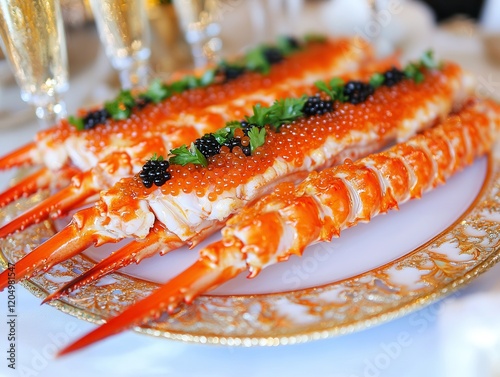 Indulging in King Crab Legs with Saffron Butter Gourmet Dining Experience Elegant Restaurant Culinary Delight photo