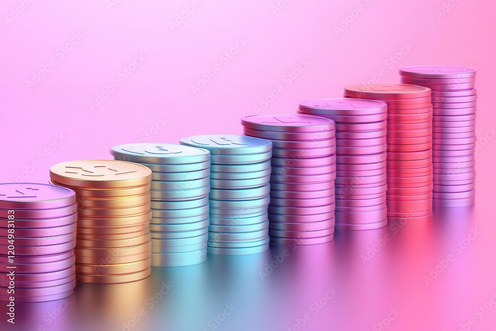 Colorful stacks of coins create an ascending pattern against a gradient background, symbolizing growth and wealth in a visually appealing manner. Colorful stacks of coins create an ascending pattern against a gradient background, symbolizing growth and wealth in a visually appealing manner.