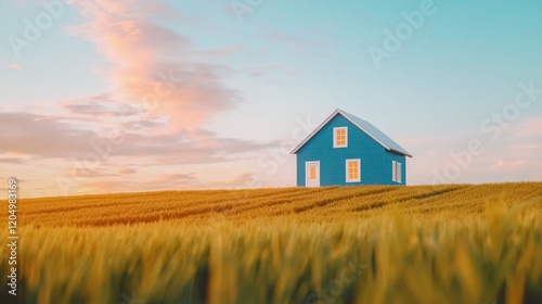 Wallpaper Mural Golden hour landscape of colorful autumn harvest field with blue house rural serenity wide-angle view Torontodigital.ca
