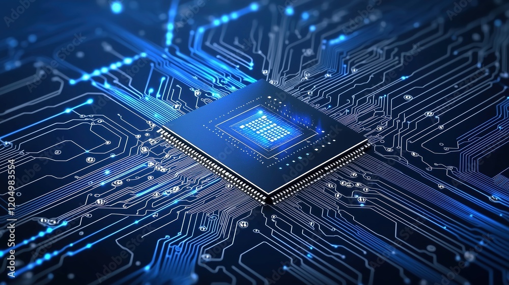 Close-up of a glowing microchip on a blue circuit board, symbolizing advanced technology and digital innovation. Close-up of a glowing microchip on a blue circuit board, symbolizing advanced technology and digital innovation.