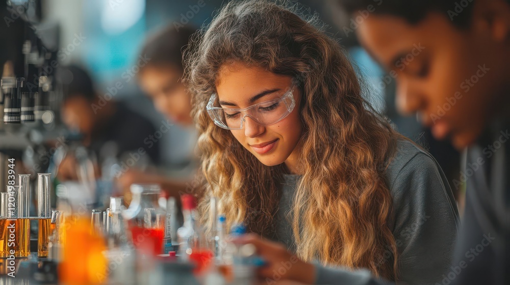 A group of students engaged in a laboratory activity, focusing on their tasks while wearing safety goggles and working with colorful liquids. A group of students engaged in a laboratory activity, focusing on their tasks while wearing safety goggles and working with colorful liquids.
