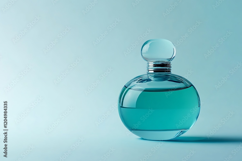 Cyan perfume bottle on blue background, close-up view. Cyan perfume bottle on blue background, close-up view.