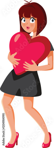 Cheerful Woman Holding a Valentine Big heart Vector Character. Girl with selfless loving personality showing compassion 
