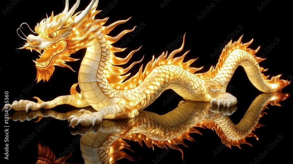 Fototapeta premium Illuminated Dragon Lantern Festive Display Night Reflection