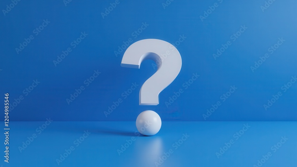 A pristine white 3D question mark dominates the frame against a vibrant blue backdrop, centered and poised. At its base rests a solitary white sphere, adding intrigue to this artistic tableau