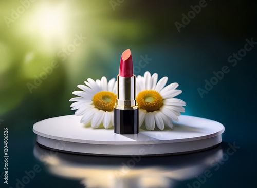 Red lipstick with gold casing sits on a white circular platform, flanked by two daisies.  Soft, sunlit background. photo