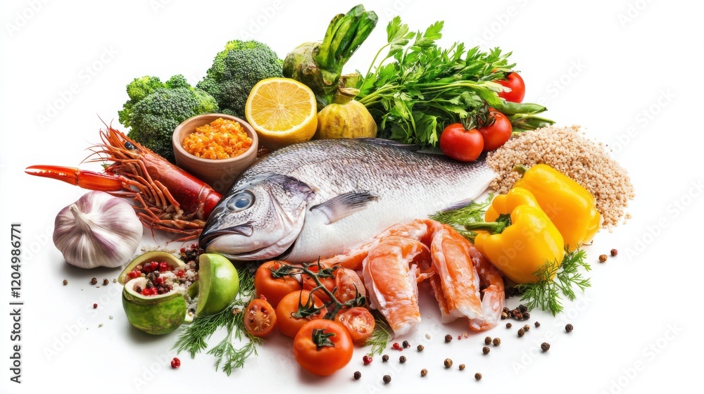 A detailed look at a balanced pescatarian meal, featuring fish, vegetables A detailed look at a balanced pescatarian meal, featuring fish, vegetables