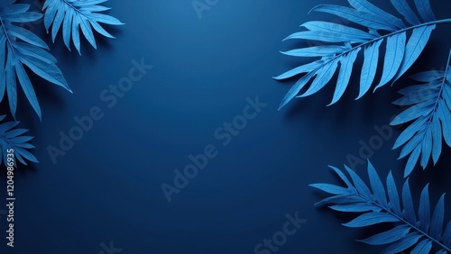 A captivating close-up captures an array of deep blue paper palm leaves, artfully bordered against a rich dark backdrop. Their arrangement forms an intricate edge, framing the heart of the scene photo