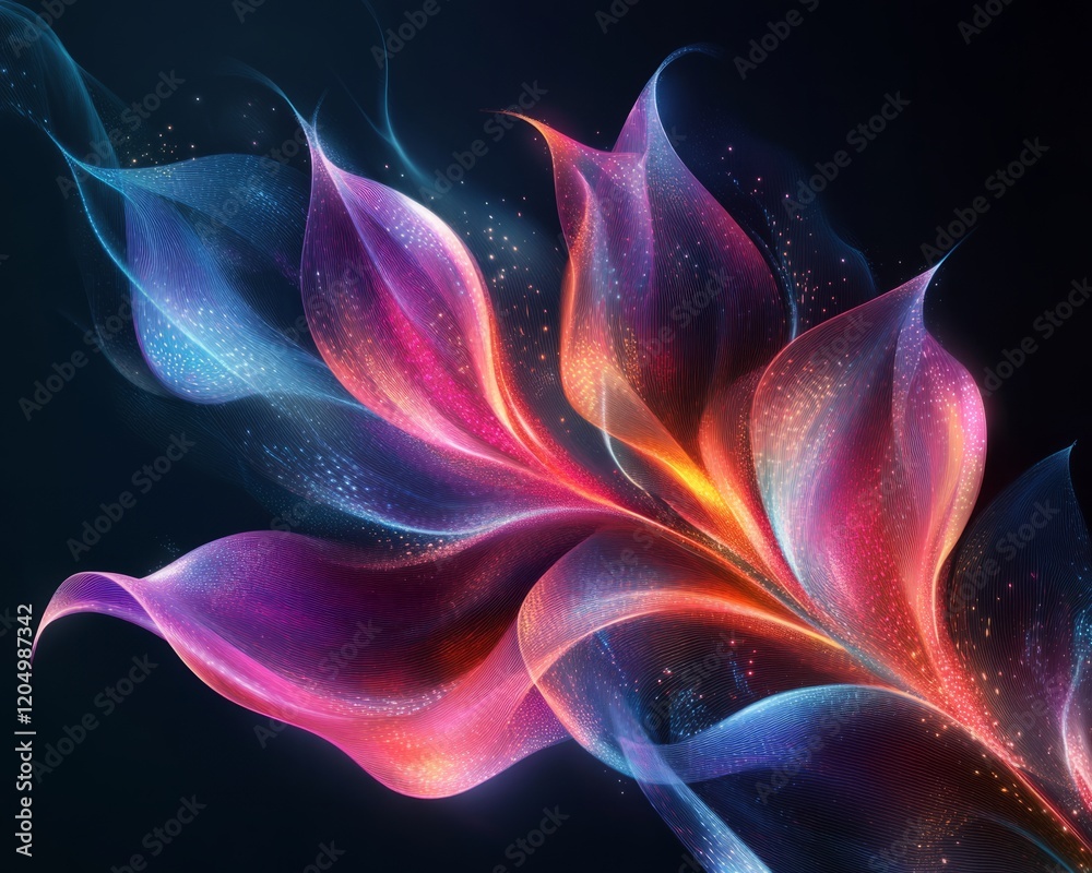 Fototapeta premium Abstract holographic plant with flowing shapes on a dark black background
