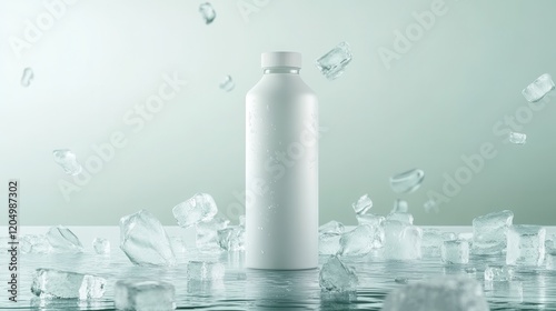 White skin care bottle with ice cubes on white background,Ice sealed skincare product,lotion,toner, skin care,Natural cosmetic products for protecting and nourishing skin of face,copy space.