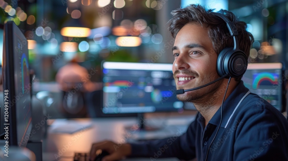 Focused Male Call Center Operator in Headset Working on Computer in Office Focused Male Call Center Operator in Headset Working on Computer in Office