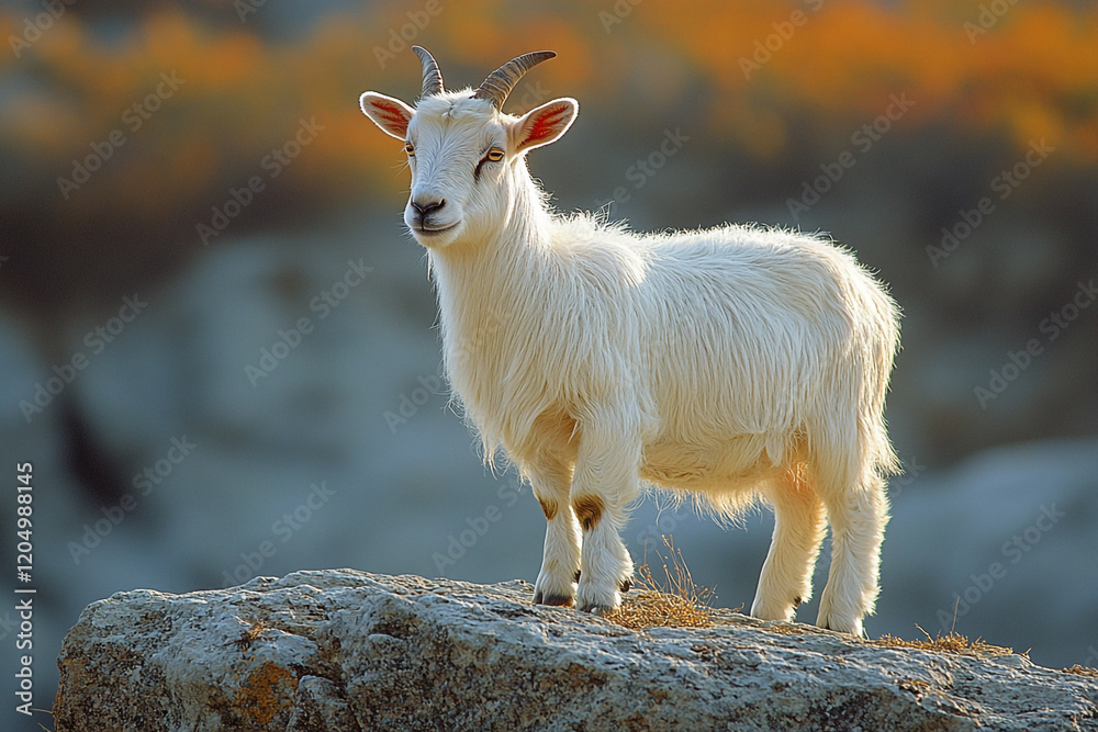 Obraz premium A Young White Goat Stands On A Rock