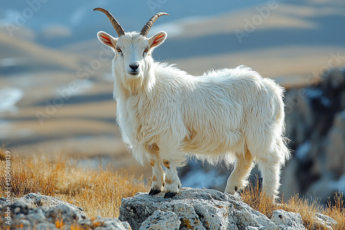Majestic White Goat Stands on Rocky Mountain Peak