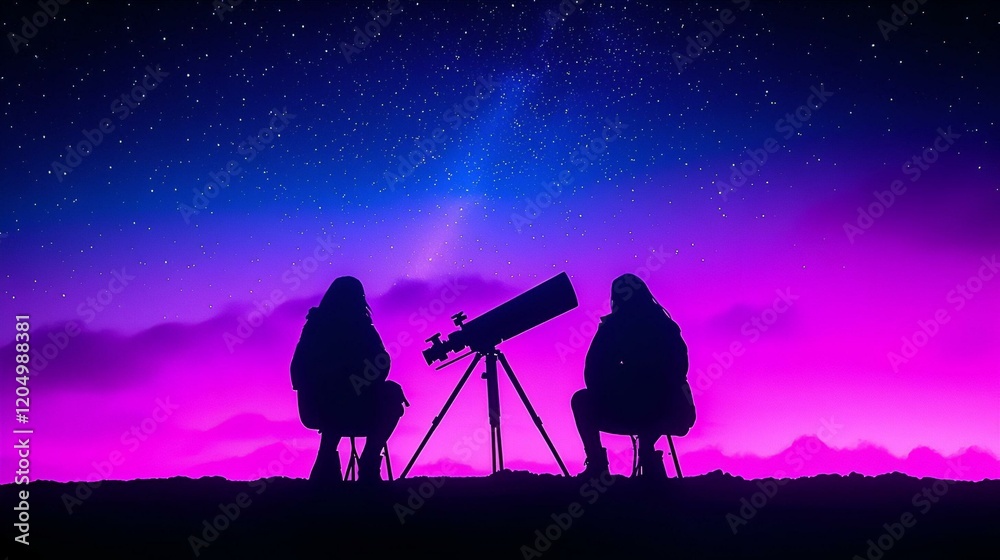 Naklejka premium Couple gazing at stars with telescope, serene night sky, twinkling constellations, shared wonder, intimate moment under the cosmos.