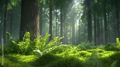 Nature visuals depicting environmental protection in lush forests soft ambient light wide-angle view illustrations
