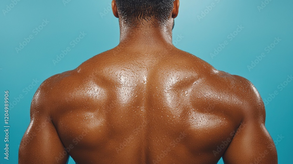 Fototapeta premium Muscular Man's Back, Sweaty and Defined Shoulders, Rear View Studio Shot